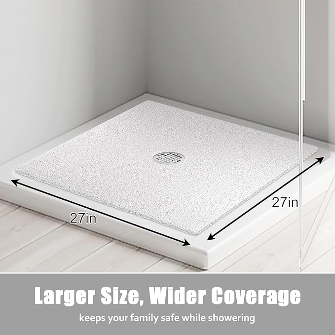 Square Shower Mat Non Slip: 27x27 Inch Extra Large Shower Floor Mat with Drain Hole in Middle, PVC Loofah Massage Anti Slip Shower Mats for Inside Shower, Super Soft and Comfortable, Quick Drying