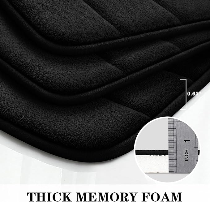 BYSURE Black Memory Foam Bath Mats, Non Slip Extra Soft Absorbent Machine WashableToilet Bathroom Rug Set 3 Piece (20"x32"+24"x44"+U Shape 20"x24")