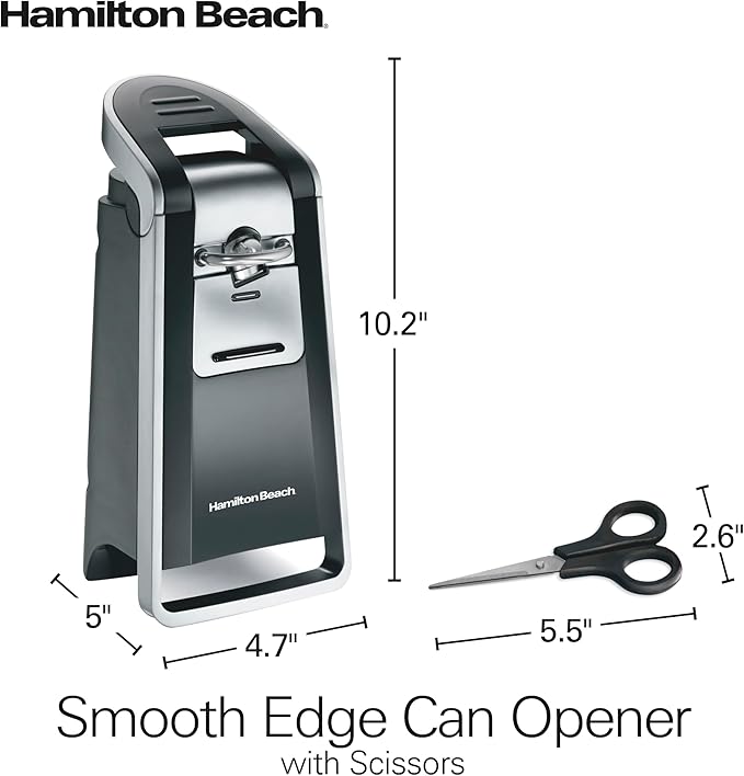 Hamilton Beach Smooth Edge Electric Automatic Can Opener for Kitchen with Easy Push Down Lever, Extra Tall, Includes Stainless Steel Scissors, Black and Chrome (76607)