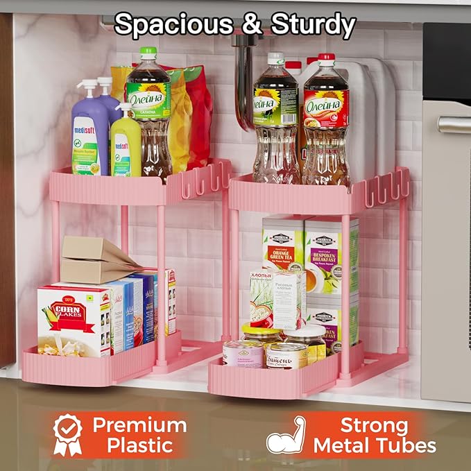 Ukeetap 2 Pack Multi-Purpose Pull-Out Storage Organizers, Under Sink & Cabinet Organizers, 12.8 Inch Pink