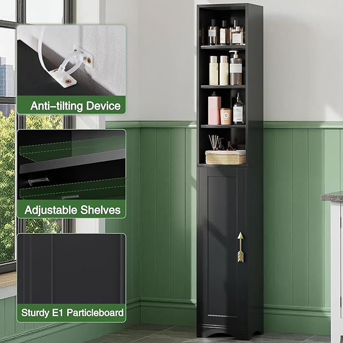 VECELO 71" Tall Narrow Storage Cabinet, Bathroom Storage Slim Freestanding Cabinet with Door & 6 Adjustable Shelves, Anti-Tip Design for Small Space, Kitchen, Living Room, Black