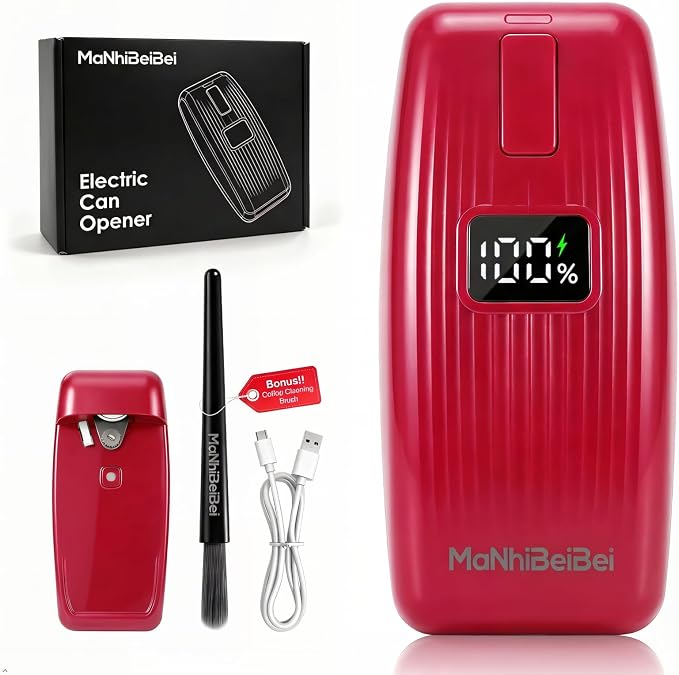Electric Can Opener with LED Digital Display, USB Rechargeable, One-Touch Automatic, Hands-Free, Smooth Edge, Compact Cordless Opener for Seniors (Red)