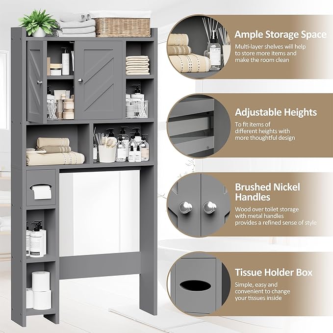 Over the Toilet Storage Cabinet, Freestanding Farmhouse Storage Cabinet Over Toilet, Bathroom Organizer with Paper Holder Stand and Adjustable Shelf, Grey