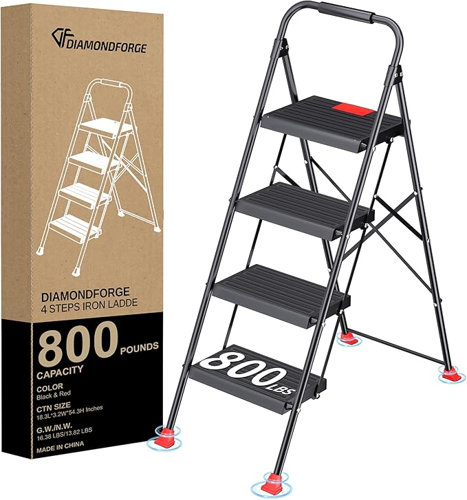 Step Ladder Foldable Folding Stool - for Home Adults Kitchen 4 Stepping Extension Tall Heavy Duty with Handrails - Closet Stepstool Stair Ladders Extendable Stepladder for Indoor House 800Lbs