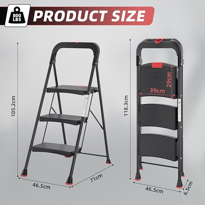TOOLF 3 Step Ladder, Heavy Duty Step Stool with Tool Tray and Anti-Slip Wide Pedal, Portable Steel Folding Ladder for Home, Kitchen, 800 Lbs Capacity for Home & Industry, Black