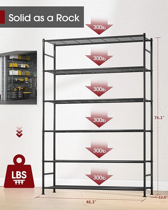 Sakugi Storage Shelves - 6 Tier Shelf Organizer, Heavy Duty Garage Shelving Unit with Leveling Feet, Stable Metal Shelves Organizer for Pantry, Kitchen and Closet, 46.3" W x 12.6" D x 76.1" H, Black