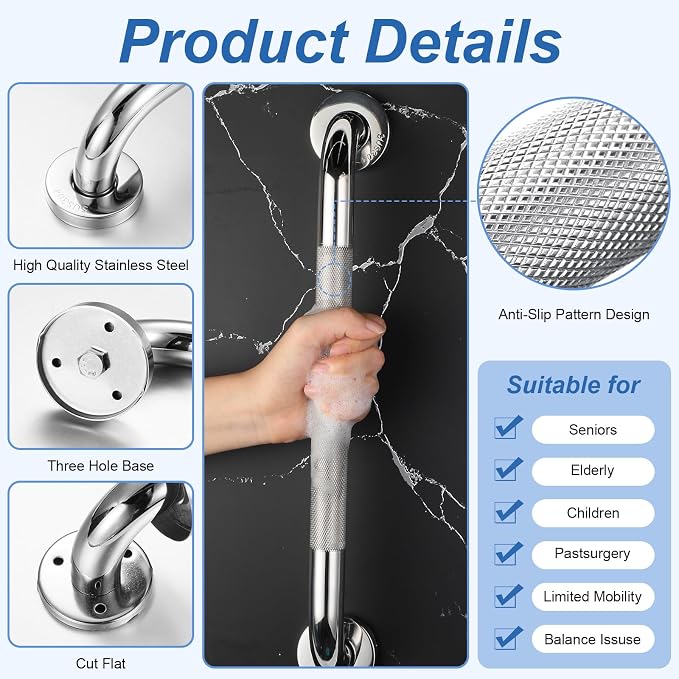 4 Pack 16 Inch Grab Bars for Bathtubs and Showers Anti Slip Shower Handle Stainless Steel Bathroom Grab Bar Holds Up to 500Lbs 1" Diameter Handicap Shower Grab Bars for Wall for Elderly and Disabled