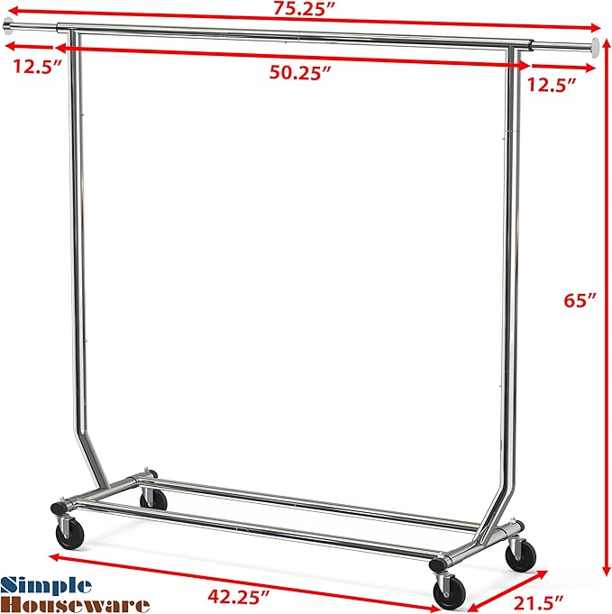 Simple Houseware Supreme Commercial Grade Clothing Garment Rack, Holds Up to 250 lbs, 50 to 75 Inches Extendable Rod, Chrome