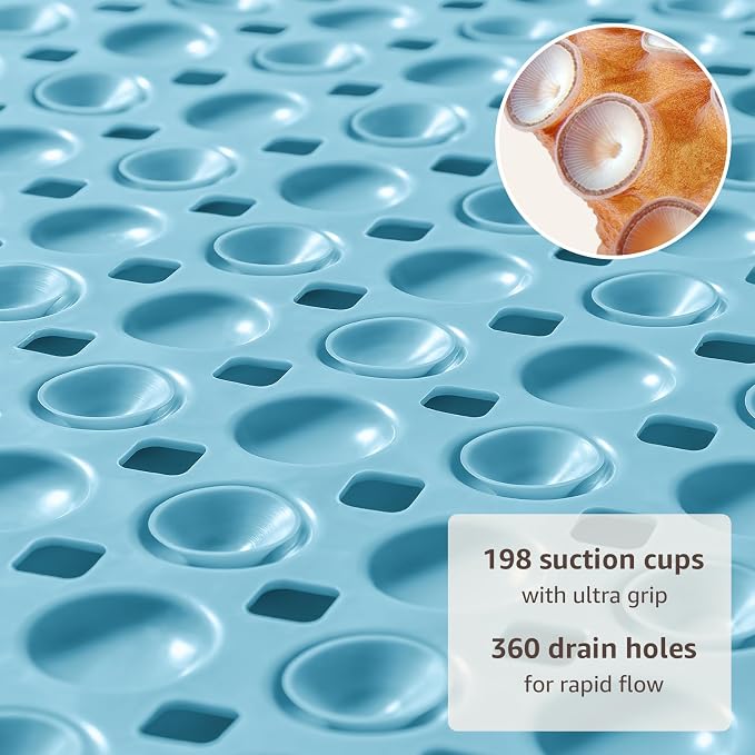 OTHWAY Bath Tub Shower Mat Non Slip, Bathtub Floor Liner Mats for Inside Shower Bathroom, Suction Cups and Drain Holes for Feet Scrubbing, Machine Washable, Soft on Feet, 35x16 Inch, Blue