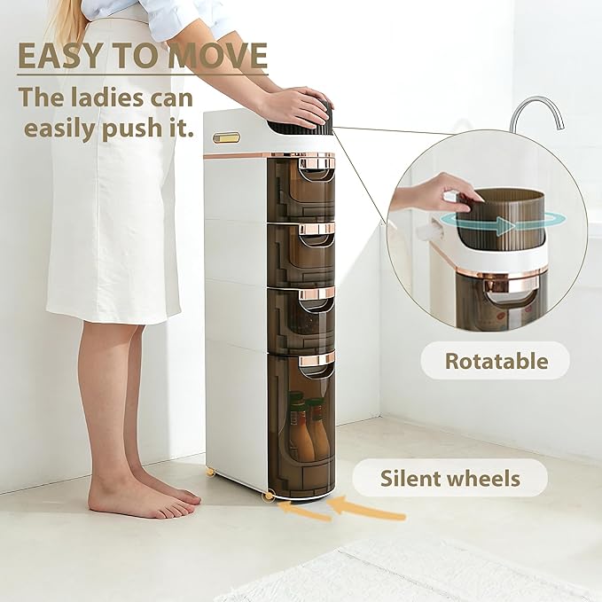 BGYMF 4-Tier Slim Bathroom Storage Cabinet,Slim Cabinet for Bathroom,Narrow Rolling Storage Cart with Wheels, White Plastic Organizer for Small Spaces, Kitchen, Laundry Room, Corner