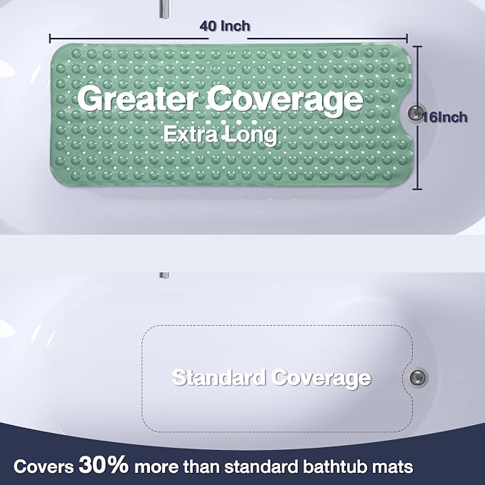 Extra Long Bathtub Mat Non Slip, MARRS Green Soft Bath Mat for Tub 40 x 16 Inch Full Size, Bath Tub Shower Mats for Bathroom Floor, Big Suction Cups and Drain Holes, Easy Washable, BPA Free