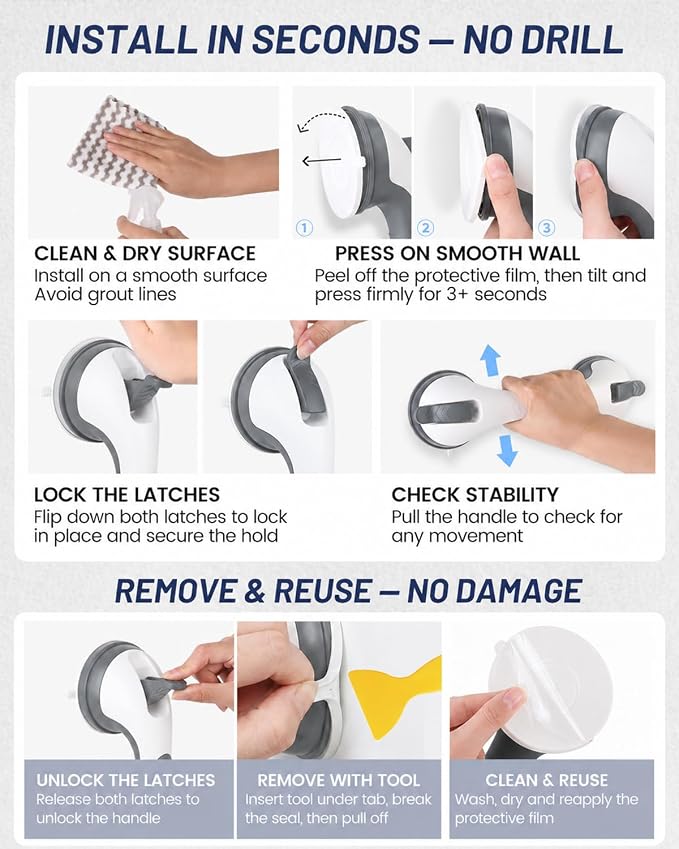 2 Pack Suction Grab Bars for Bathtubs and Showers, Gel-Enhanced Heavy Duty Stable Grip Safety Bars for Seniors and Elderly, No Drilling Removable Bathroom Handles for Tub and Shower Support