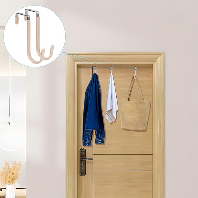FYY Over the Door Hooks, 4 Pack Door Hangers Hooks with Rubber Prevent Scratches Heavy Duty Organizer Hooks for Living Room, Bathroom, Bedroom Hanging Clothes, Towels, Hats, Coats, Bags Nude