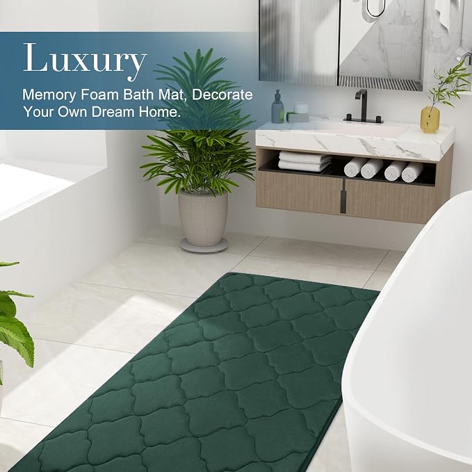 OLANLY Memory Foam Bath Mat Rug 70x24, Ultra Soft and Absorbent Bathroom Rugs, Non-Slip, Comfortable, Machine Washable Bath Carpet for Bathroom Floor, Tub Shower and Home Decor Accessories, Dark Green