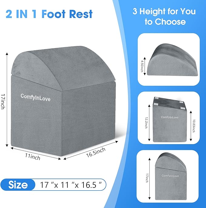 Foot Rest for Under Desk at Work - Non-Slip Foot Stool with 3 Adjustable Heights, Ergonomic Under Desk Footrest with Washable Cover for Leg Elevation, Desk, Home, Office, Car (Light Grey)