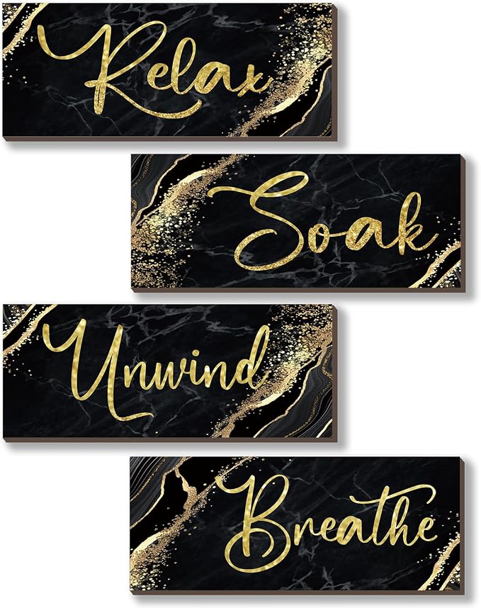 ONIZHITY 4 Pcs Black and Gold Bathroom Decor Black Gold Wall Decor Relax Soak Unwind Breathe Wooden Rustic Marble Style Bathroom Accessories for Bedroom Living Room Decor Kitchen(14X5.5)