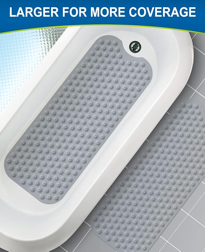 Bligli Bathtub Mat Non-Slip Without Suction Cups, 39x16inch Extra Long Bath Mats for Shower Bathroom, Machine Washable Natural Rubber Shower Tub Mat (39x16inch, Gray)