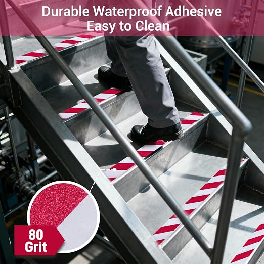 Anti Slip Tape, 2 Inch x 62 Ft Grip Tape for Stairs Outdoor/Indoor, Waterproof Non Skid Roll for Stair Treads Non Slip, High Traction Friction Abrasive Adhesive Stair Steps, Caution Red/White