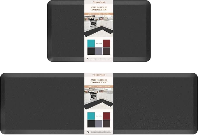HappyTrends 2 PCS Kitchen Mat Cushioned Anti-Fatigue Floor Mat, Heavy Duty Ergonomic Comfort Foam Standing Mat, Waterproof Non-Slip Kitchen Rugs for Home, Office(20"x30"+20"x60",Black)