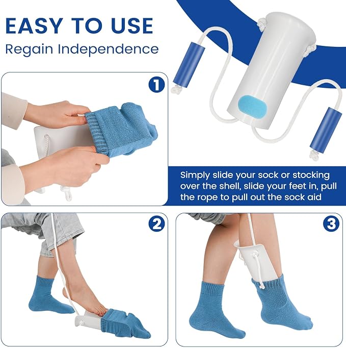 Jellas Sock Aid Kit, Flexible Sock Aid Device with Long Rope - Sock Puller aid Easy on and Off Device for Putting On and Removing Socks or Stockings, Sock Helper for Independence and Comfort (White)