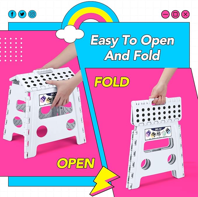 Delxo 13 inch 2 Pack Folding Step Stool, Non-Slip Foldable Stools Up to 300 LBS, Step Stool with Handle, Lightweight Collapsible stools for Kitchen, Bathroom, Bedroom, Garden (White)