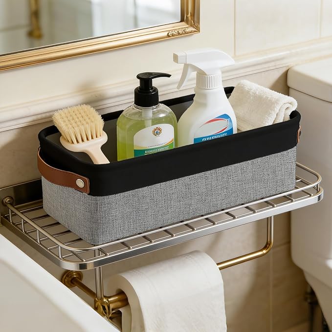 Bagnizer Small Fabric Storage Baskets, 15x6x5 inch Narrow Storage Bins 4-Pack Long Storage Basket for Organizing with Handles, Decorative Basket for Closets, Shelves, Toilet Paper, Grey