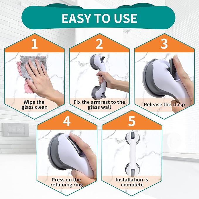 12'' Portable Grab Bars for Bathroom,Ultra Grip Dual Locking Shower Handles for Elderly,Safety Suction Grab Bars for Shower,Balance Assit Hand Rail Support,Injury,Senior,Kids(Gray, 12"-Pack of 2)