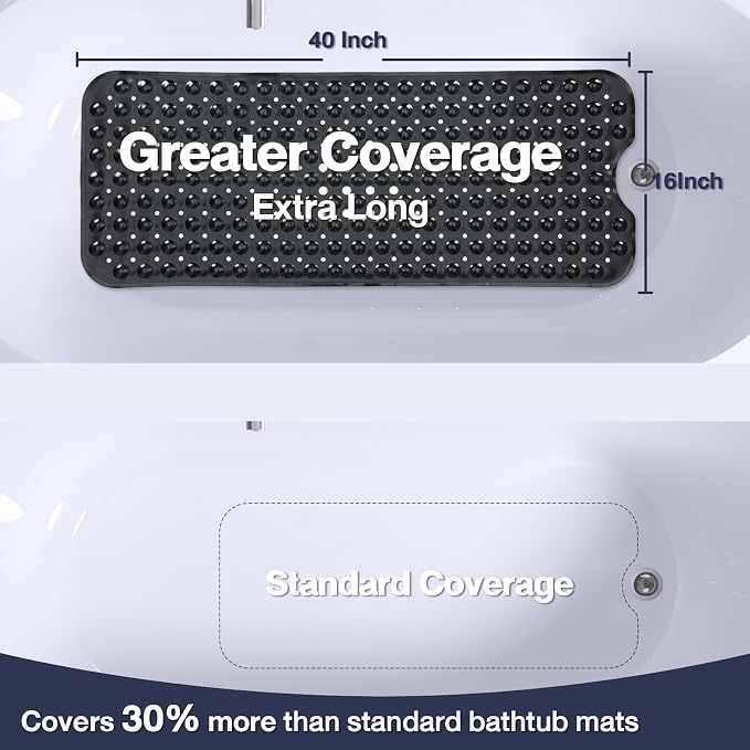 Extra Long Black Bathtub Mat Non Slip, Soft Bath Mat for Tub 40 x 16 Inch Full Size, Bath Tub Shower Mats for Bathroom Floor with Big Suction Cups and Drain Holes, Easy Washable, BPA Free