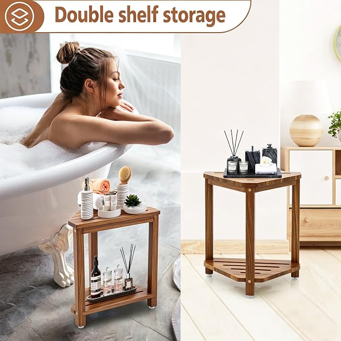 IBosins 16in Shower Foot Rest Corner Shower Stool for Shaving Legs with Storage Shelf Small Bench for Inside Shower to Sit on Bath Seat - Acacia Wood