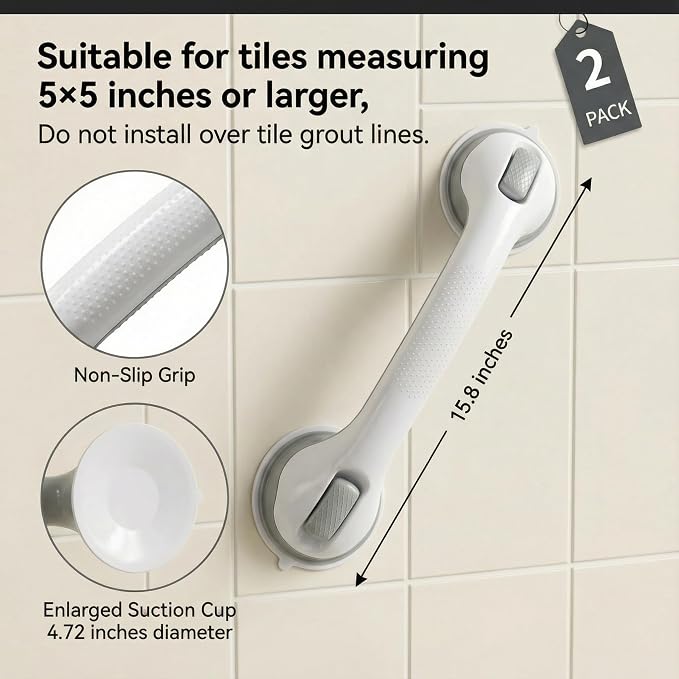 Shower Grab Bars for Seniors, Upgraded Bar with Powerful Suction, 15.8in Shower Handles for Elderly Suction, Removable Bathroom Handles for Elderly, Shower Safety Bars for Seniors on Smooth Surfaces