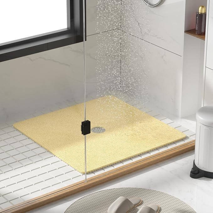 HITSLAM Square Shower Mat, 27 x 27 Inch Non Slip Bath Mat for Tub, Soft PVC Loofah Bathtub Mats with Drain Holes, Quick Drying Bathroom Stall Floor Mat, Bathroom Accessories Without Suction Cup, Beige