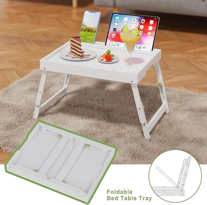 Artmeer Bed Tray Table with Folding Legs, Bamboo Breakfast Food Tray with Media Slot, Use As Platter, Laptop Desk, Snack, TV Tray Kitchen Serving Tray (White Large Adjustable Legs)