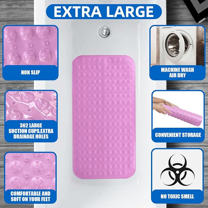 ZHICHENG Bath Mat - Shower Mat Non Slip - Long 31.88 x 15.74 Inch Bathroom Mats for Tub Nonslip - Anti Slip Bathmats - Bathtub Mat Non Slip with Massage Particles (Transparent Pink)