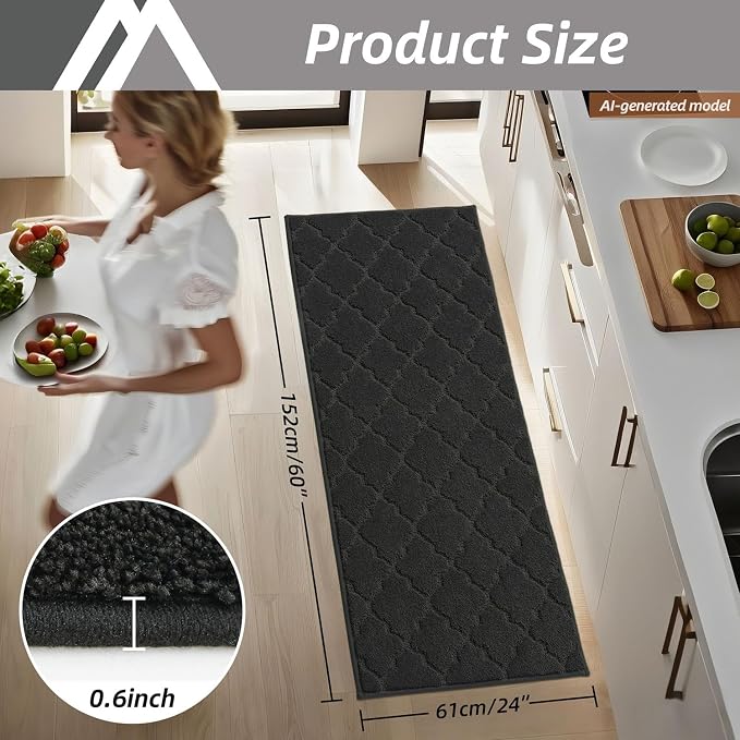 COSY HOMEER-Kitchen-Rugs-Non-Slip-Washable 24"x60" Absorbent Kitchen Runner Rug Polyester Kitchen Mats for Floor Soft Standing Floor Mats for Sink Mat,Hallway,Laundry,Black