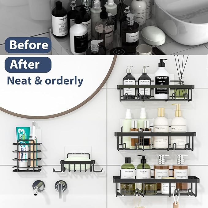 Liuoud 5 Pack Shower Caddy Organizer Rack Shelf for Inside Shower, Adhesive Bathroom Wall Storage Basket Rustproof Stainless Steel Shampoo Holder, Bathroom Accessory Decor Set, Black.