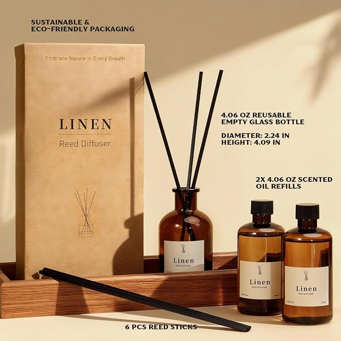 Reed Diffuser Set, 8.12 fl.oz Linen Scented Oil Diffuser, Home Fragrance Reed Diffusers for Bathroom Shelf Decor & Air Fresheners - Includes Reed Diffuser Sticks, 2 Pack Fragrance Oil & Glass Bottle
