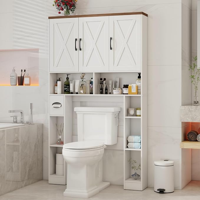 Over The Toilet Storage Cabinet,Farmhouse Toilet Cabinet Rack with 3 Barn Doors,Space Saving Bathroom Organizer with Shelves,Toilet Paper Holder & Towel Rack for Bathroom,Restroom,Laundry,Unique White