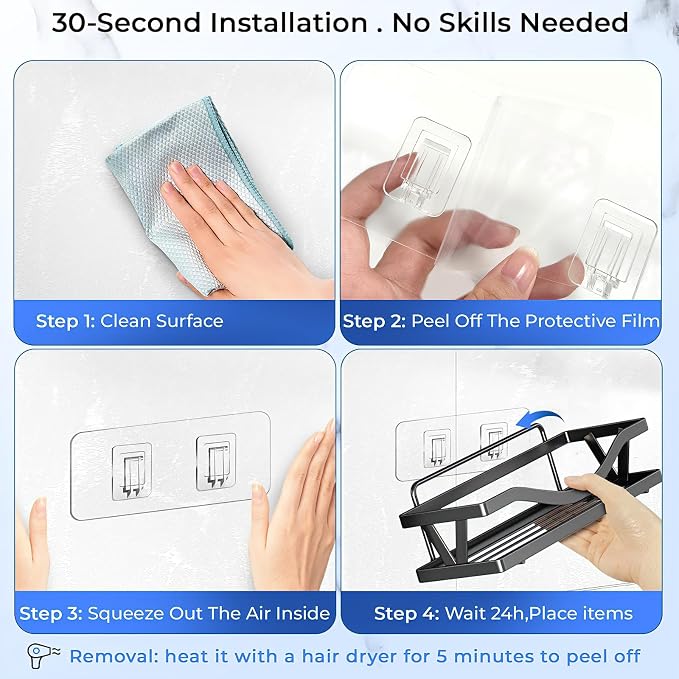 Shower Caddy Adhesive Replacement Hooks, Heavy Duty Waterproof Strips, No Drilling for Bathroom Shelves, Kitchen Racks, and Soap Holders (Transparent-8Pack 2Hook)