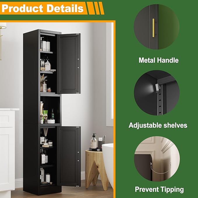 Ckzbx Tall Narrow Storage Cabinet 66.93" H Tall Bathroom Cabinets Metal Pantry Cabinet, 4 Adjustable Shelves for Kitchen, Home Office, Living Room, Dinning Room (12 inches Wide Black)