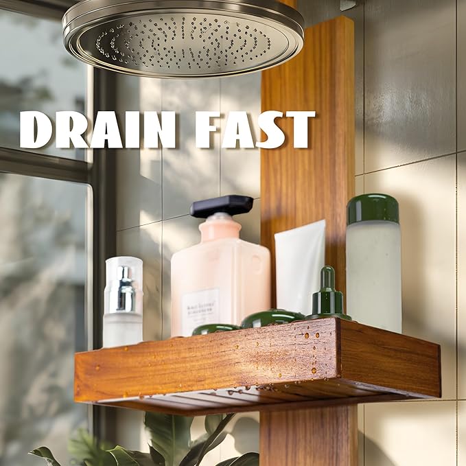 Utoplike Teak Hanging Shower Caddy with Hooks, Bathroom Shower Organizer Over Shower Head, 2-Tier Wood Shelf for Shampoo, Towels, No Drilling