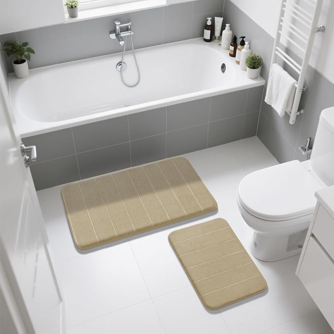 Yimobra Memory Foam Bathroom Rugs Sets 2 Piece - Super Soft Absorbent Quick Dry Bath Mat Set, Machine Washable Non Slip Floor Carpet for Tub Shower & Single Sink (17x24 & 31.5x20 Inch, Pale Khaki)
