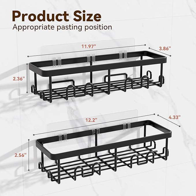 YASONIC Shower Caddy Adhesive, 100% Rustproof Shower Organizer, Large Capacity Shower Shelves for Inside Shower, No Drill Shower Storage for Home (2 Pack Black)