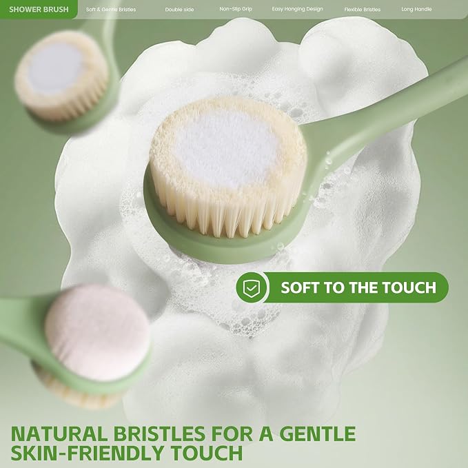 Back Scrubber for Shower with Long Handle, Dual-Sided Bath Brush with Soft Bristles & 150D Exfoliating Cloth, Anti-Slip Grip, Lightweight Back Washer for Shower, Men & Women (Green)
