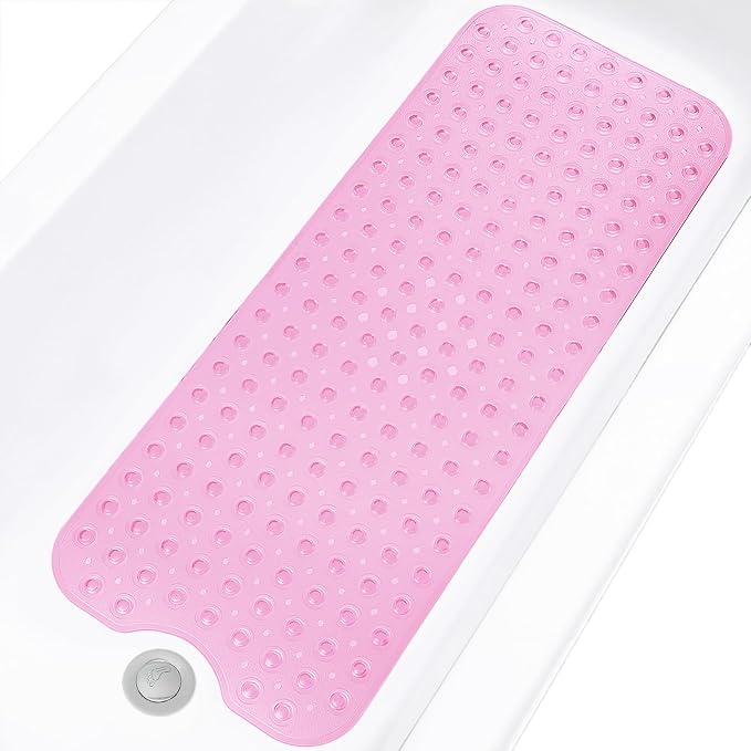 Bathtub and Shower Mats, Extra Long Non-Slip Bath Tub Mat 39 x 16 Inch, Machine Washable Bathmat with Suction Cups & Drain Holes for Bathroom Floor, Clear Pink