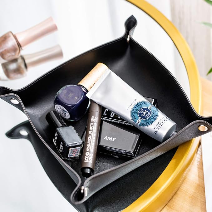 Leather Jewelry Valet Tray for Women and Man, Portable Entryway Table Tray Bedside Nightstand Desk Tray Small Catchall Travel Dish Plate for Key,Wallet,Watch,Coin (Black-B)