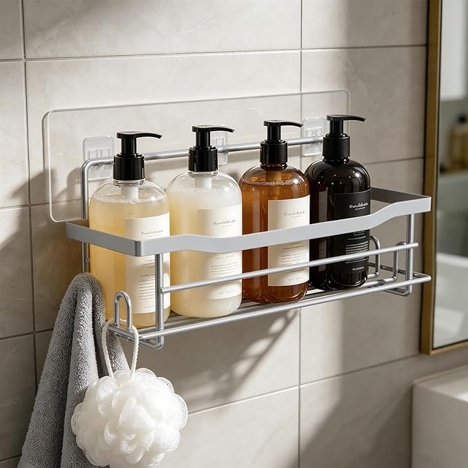 Shower Caddy Shelves Organizer Rack, Single Pack Silver Stainless Steel Shower Caddy,No Drilling Wall Mounted Adhesive Shower Shelf for Inside Shower, Paint Nickel