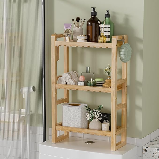 AmazerBath Bamboo Over The Toilet Storage Shelf - 3-Tier Bathroom Organizers and Storage Shelves, 2 in 1 Dual Stable Above Over Toilet Bamboo Shelf Home Storages Rack for Small Bathroom, Space Saver