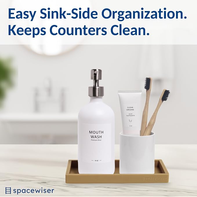 Spacewiser Countertop and Vanity Tray – Small 7.7" Silicone Soap Dispenser Trays, Flexible Bathroom Trays, Dish Soap Holder Kitchen Counter Caddy, Organizer Sink Tray for Soaps Bottles, Sponge, Keys