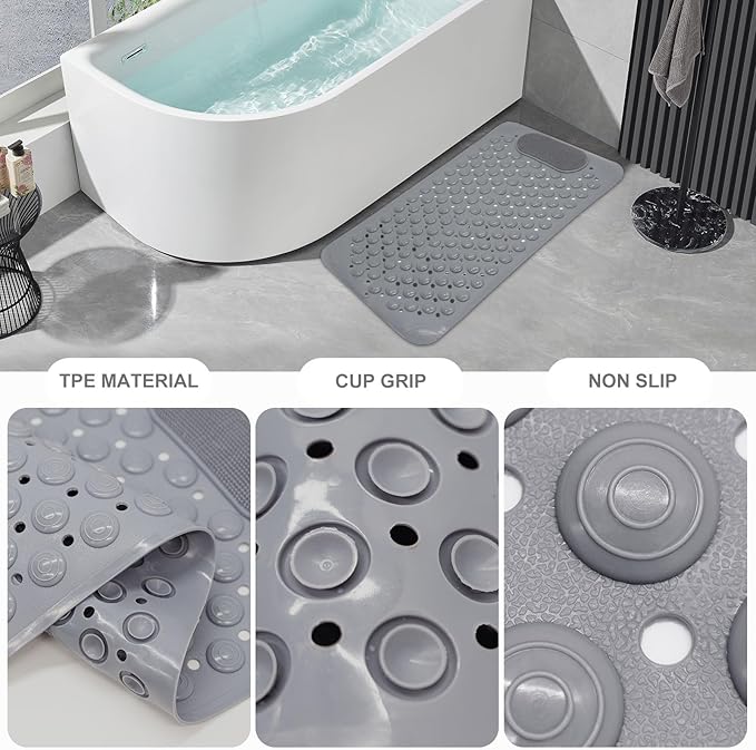 Bath Tub Shower Mat, 27x14 inch Non Slip Bathtub Mat with Suction Cups, Anti Slip Shower Mat with Drain Holes Suction Cups,Shower Foot Scrubber Mat, Foot Massage Bath Mat (Grey)