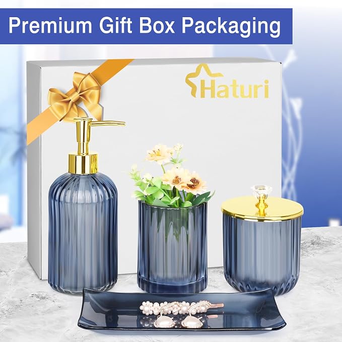 Haturi Bathroom Accessories Set, 4 Pcs Blue Glass Bathroom Accessories Sets Complete w/Lotion Soap Dispenser, Toothbrush Holder, Apothecary Jar, Vanity Tray, Bathroom Decor, Gift for Home Apartment
